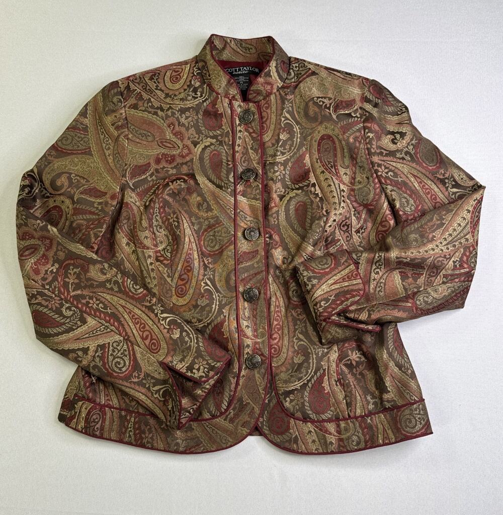 Scott Taylor Petite PS Paisley Tapestry Jacket Burgundy Gold Button Front